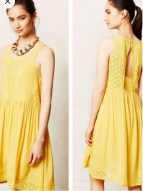 Anthropologie Sunny Yellow Lace-Open Back -Trim Sleeveless Mini Dress